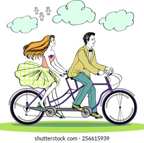 couple on a tandem bicycle, two