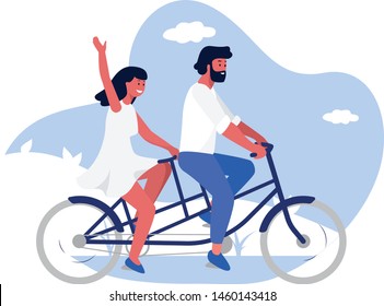 Couple on tandem bicycle vector illustration. Flat style characters - young man and woman - riding tandem bike. Mixed race people. Light blue nature bubble background.