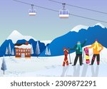 The couple is on top of a mountain. Landscape with mountains and a hotel, a funicular with cabins. Accessories for winter holidays - skis and snowboard. Flat vector illustration. 