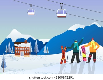 La pareja está en lo alto de una montaña. Paisaje con montañas y un hotel, un funicular con cabinas. Accesorios para vacaciones de invierno - esquís y snowboard. Ilustración vectorial plana. 