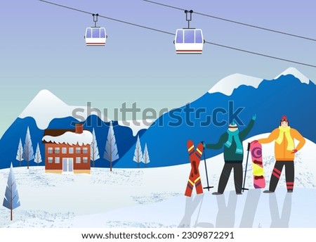 The couple is on top of a mountain. Landscape with mountains and a hotel, a funicular with cabins. Accessories for winter holidays - skis and snowboard. Flat vector illustration. 