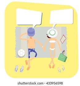 Couple on tropical beach boy and girl vector characters thinks about something. Top view couple on beach towels romance lovers. holiday travel lifestyle. Happy ocean couple together.