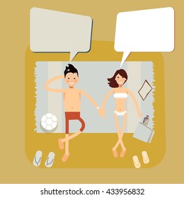 Couple on tropical beach - vector characters thinking about. Top view couple on beach on beach towels romance lovers holiday travel lifestyle. Happy hollyday together