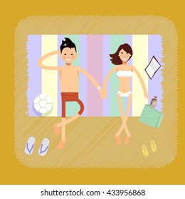 Couple on tropical beach - vector characters. Top view couple on beach on beach towels romance lovers holiday travel lifestyle. Happy hollyday together