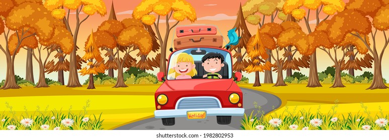 A couple on vacation with autumn forest horizontal scene illustration