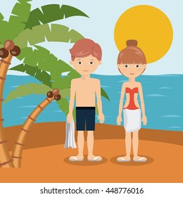 couple on vacation in beach isolated icon design