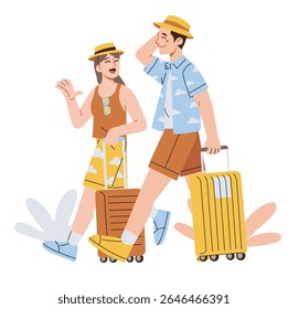 couple on vacation or honeymoon walking towards hotel or lodging
