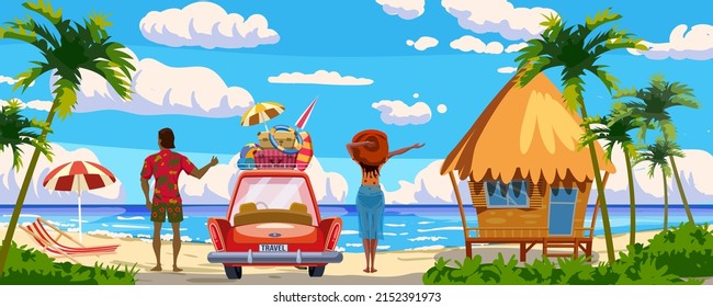 Couple on Vacation, red car with luggage bags, surfboard on the beach. Hut, bungalow, tropical seachore, palms, sea, ocean, back view. Vector illustration retro cartoon