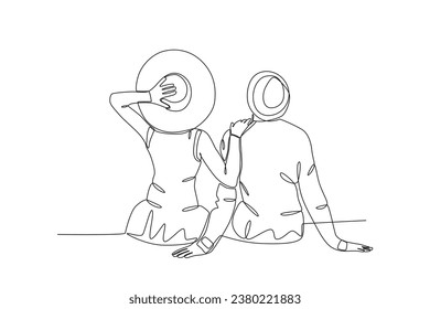 A couple on vacation wearing beach hats. Honeymoon one-line drawing