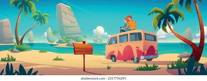 Couple on vintage bus near summer beach vector background. Retro van for people romantic vacation trip to ocean sand coast. Woman and man character tropical seaside adventure with truck scene