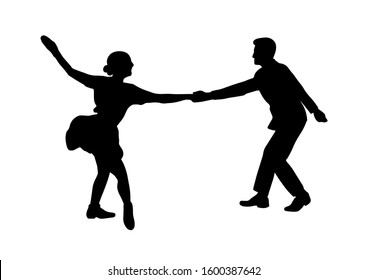 Couple on vintage retro swing jazz party. Silhouette isolated. People in 40s or 50s style dancing rockabilly,charleston,jazzlindy hop or boogie woogie. Vector human illustration in black white colors.