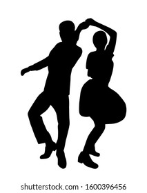 Couple on vintage retro swing jazz party. Silhouette isolated. People in 40s or 50s style dancing rockabilly,charleston,jazzlindy hop or boogie woogie. Vector human illustration in black white colors.