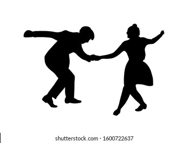 Couple on vintage retro swing jazz party. Silhouette isolated. People in 40s or 50s style dancing rockabilly,charleston,jazzlindy hop or boogie woogie. Vector human illustration in black white colors.