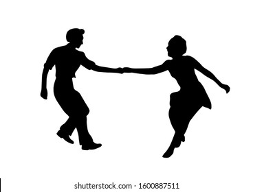 Couple on vintage retro swing jazz party. Silhouette isolated. People in 40s or 50s style dancing rockabilly,charleston,jazzlindy hop or boogie woogie. Vector human illustration in black white colors.