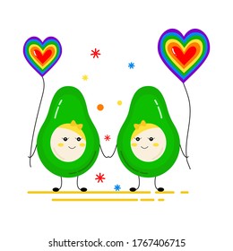  Couple on a walk. Happy avocados holding hands. Lgbt concept. Pair of romantic partners on date. Girlfriend.Creative design for card, banner,poster, logo,badge. Vector illustration flat cartoon style