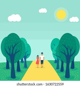 Couple On A Walk Happy Love Yang Forest Park Green Pink Dress Valentine  Vector Illustration 