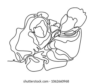 Couple on wedding day. Continuous line drawing. Isolated on the white background. Vector monochrome, drawing by lines. the view from the top. sketch