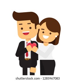 Couple on white background holding red hearts, Happy Valentine's Day