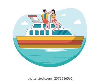 Couple on a yacht together, romantic moment at sea. Character design. Vector flat illustration