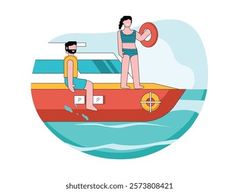 A couple on a yacht vacation in the ocean, romantic moment. Character design. Vector flat illustration