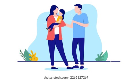 Couple with one child - Vector illustration of parents with kid daughter lifting and holding her. Flat design with white background