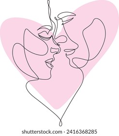 Couple one line art. Love print. 2 faces. Man and woman. Love art. Symbol of love by OneLine Drawing. Pink Heart