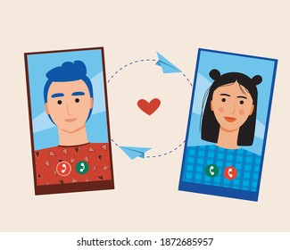Couple and online relationship isolated. Flat vector stock illustration. Mobile phone for love messages. Online romance couple. The relationship between a man and a woman. Online love