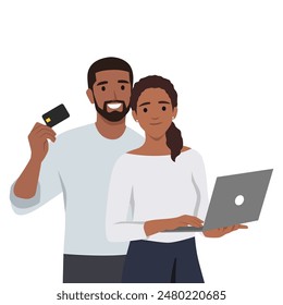 Couple Online Shopping with Black Credit Card. Flat vector illustration isolated on white background