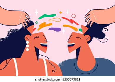 Couple with open heads share creative ideas. Smiling man and woman brainstorm exchange innovative bright thoughts. Cooperation. Vector illustration. 