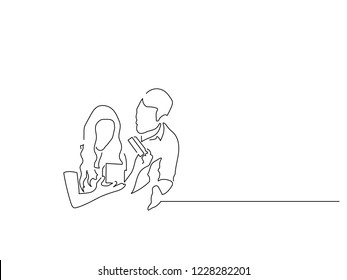 Couple opening a gift isolated line drawing, vector illustration design. Christmas collection.