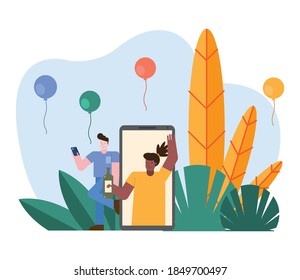 couple opening gifts in smartphone characters scene vector illustration design