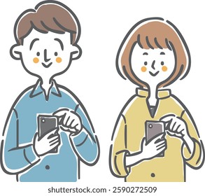 Couple operating a smartphone, upper body, vector