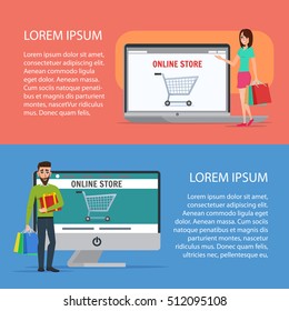 Couple Operating Their Business from Home. Cartoon poster vector illustration. Banners for your web design in business style. Template for your text. Business characters set.