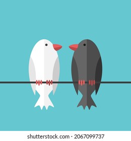 Couple of opposite birds looking at each other. Contrast, love, conflict, difference, communication and relationship concept. Flat design. EPS 8 vector illustration, no transparency, no gradients