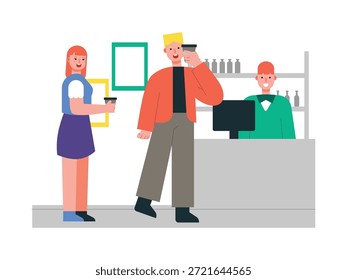 Una pareja pidiendo café juntos, saliendo en un café. Diseño de personajes. Ilustración plana de Vector.