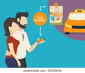 Couple is ordering and paying for taxi via mobile app using smartphone with internet. Flat modern illustration of two people and yellow taxi cab with map route 