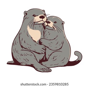 couple otter animals icon isolated illustration