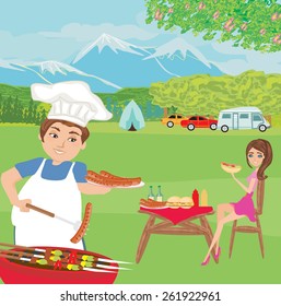 couple outdoor grilling meat 