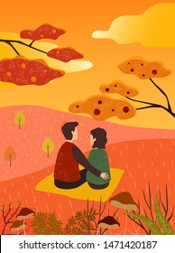 couple outdoors on a happy autumn day on the grassland