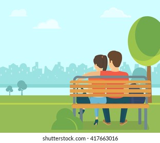 Couple outdoors in the park sitting the bench   looking at the city  Flat romantic illustration young people leisure time spending in the park in spring season