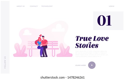 Couple Outdoors Summer Spare Time Leisure Website Landing Page. Young Loving People Hugging Sitting on Bench in City Park. Romantic Relations, Love Web Page Banner. Cartoon Flat Vector Illustration