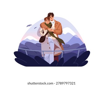 Couple in outerwear stands on observation deck, hugs. Girl and boy in coats cuddle on romantic date. Boyfriend in love embraces girlfriend from behind. Flat isolated vector illustration on white