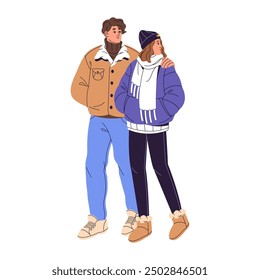 Couple in outerwear walks together in winter. Boyfriend cuddles girlfriend during stroll. People are on romantic date outdoor in wintertime. Flat isolated vector illustration on white background.