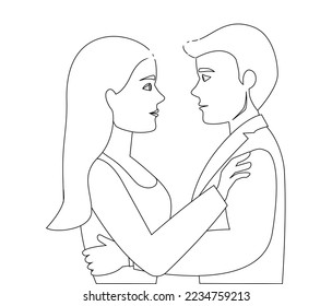 Couple outline icon, lovers man and woman hugging and looking each other line icon honeymoon marriage sketching of bride and groom, lovers line silhouette, valentines day outline illustration