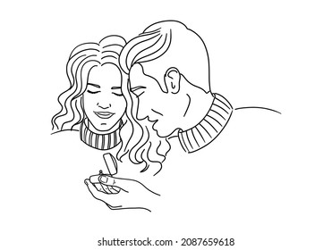 Couple outline sketch. A man and woman in love. The Man offering engagement ring. Romantic, proposal, marriage or wedding concept. Hand drawn vector illustration.