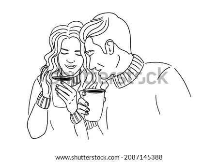 Couple outline sketch. A man and woman in love holding cups with coffee or tea. Romantic concept. Hand drawn vector illustration.