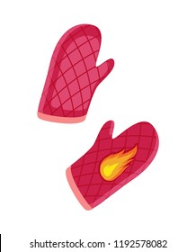 Couple of oven-glove, vector badges in cartoon style. Mitten of dense tissue with rhombus and flame pattern, isolated kitchen accessories emblems