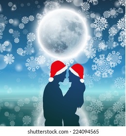 Couple over christmas background with moon and snowflakes. EPS10 vector.