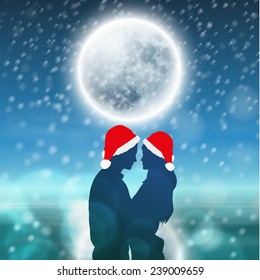 Couple over christmas background with moon and snowflakes. EPS10 vector.