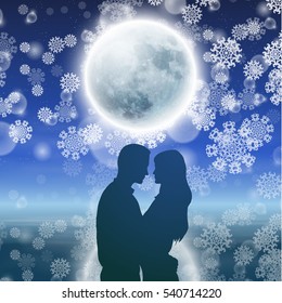 Couple over christmas background with moon and snowflakes. EPS10 vector.